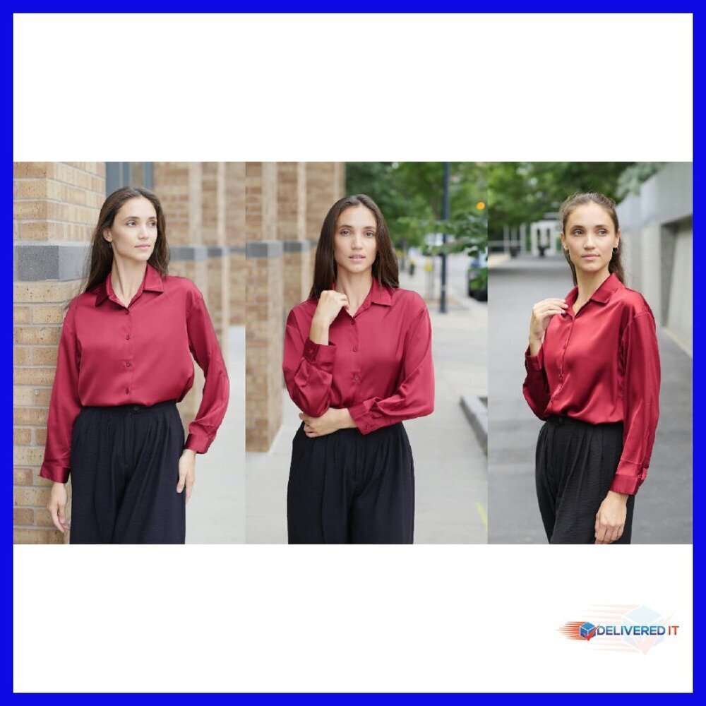 Long Sleeve Satin Button Down Blouse - Business Casual Fall Top - Picture 7 of 8